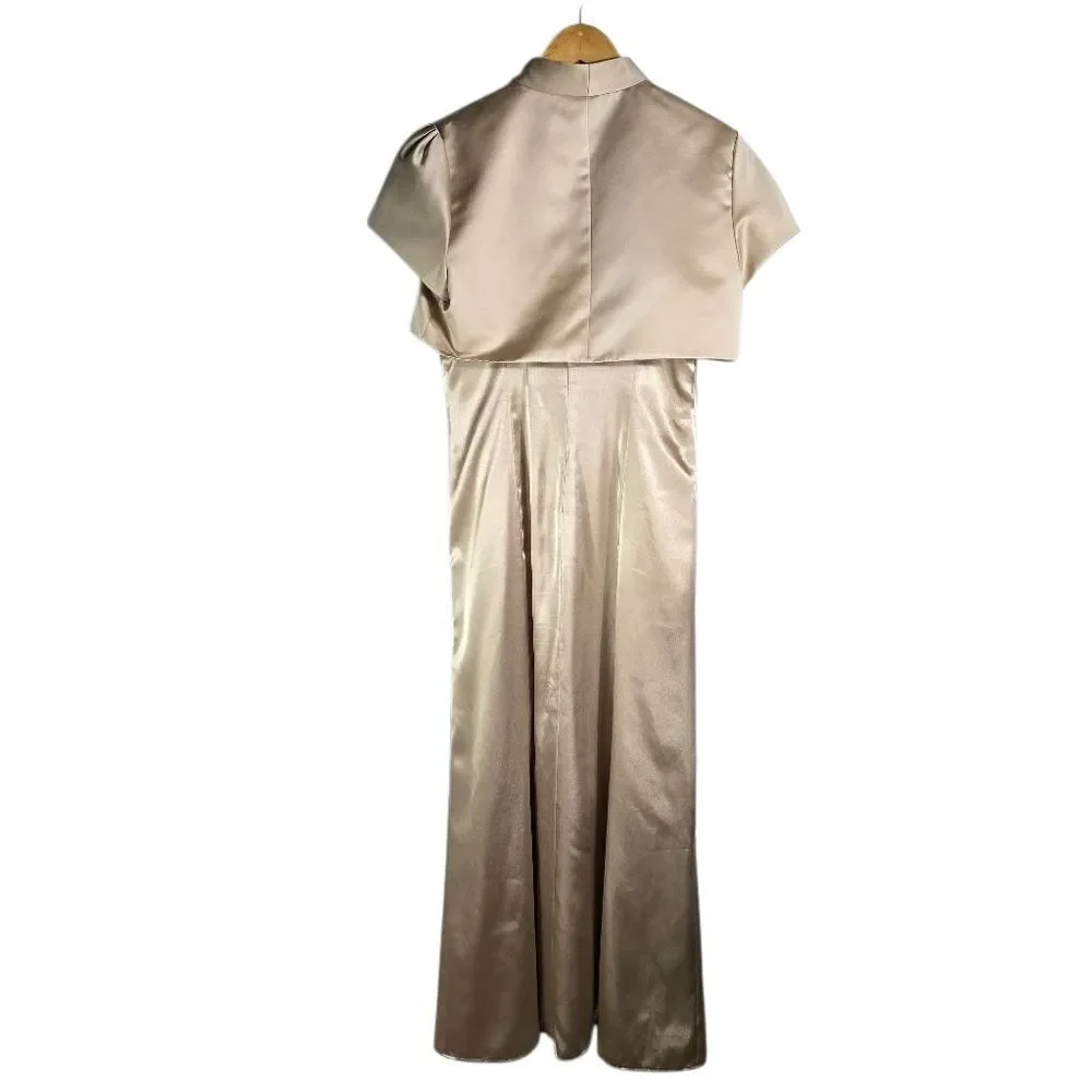 David’s Bridal Champagne Satin Gown w/ Bolero Formal Evening Dress Size 10/12